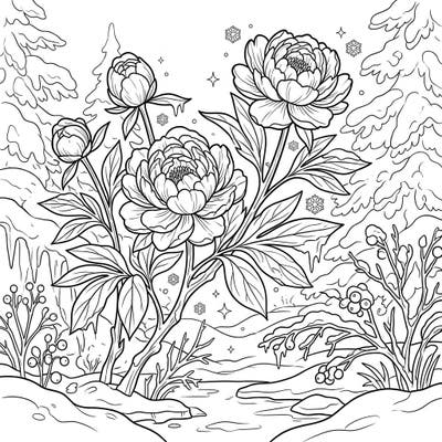 Explore the unexpected beauty of herbaceous peonies blooming amidst a serene winter wonderland. This unique coloring page combines delicate floral elegance with the enchantment of a frosty landscape.