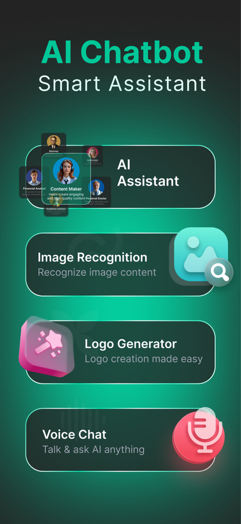 AI Chatbot 4 - Chat with AI - AI Chatbot 4 screen showing AI assistant image recognition logo generator and voice chat features