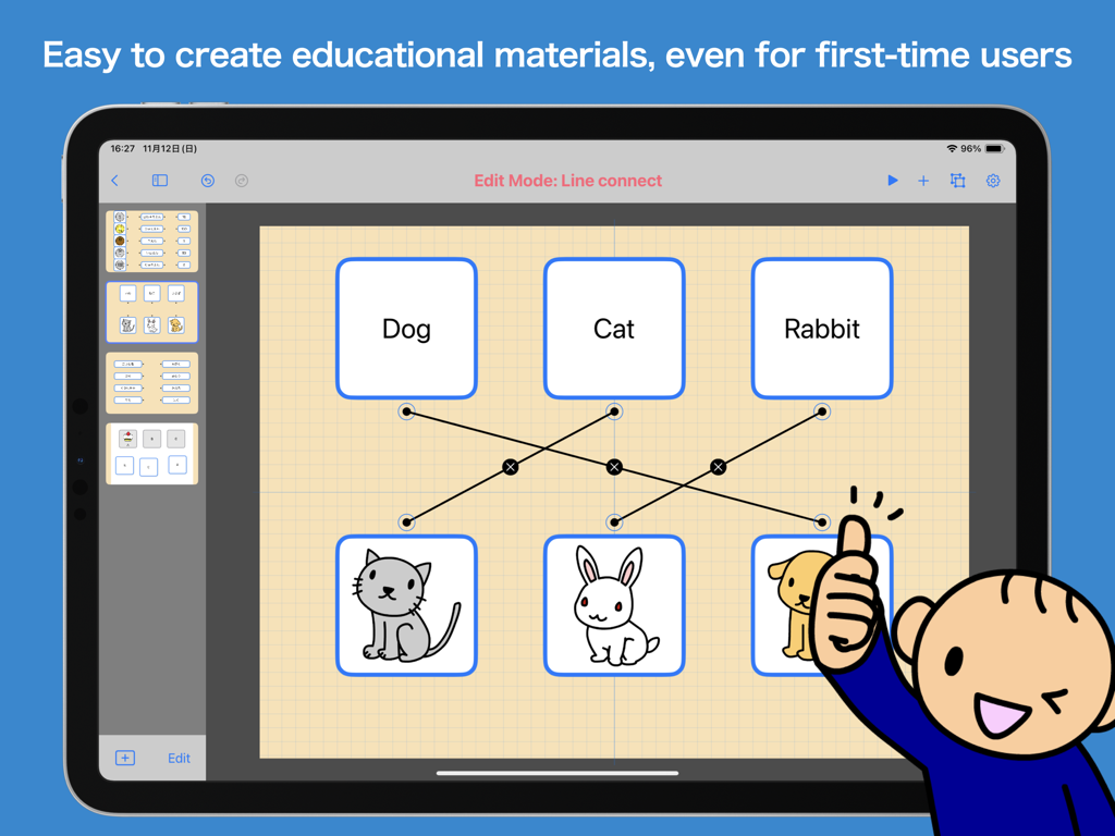 DropKit - iPad interface of DropKit app showing a line matching game editor with animal cards and words
