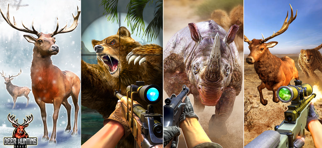 Deer Hunting Sniper 3D - Gameplay-Screenshots von Deer Hunting Sniper 3D, die Szenen der Wildtierjagd zeigen