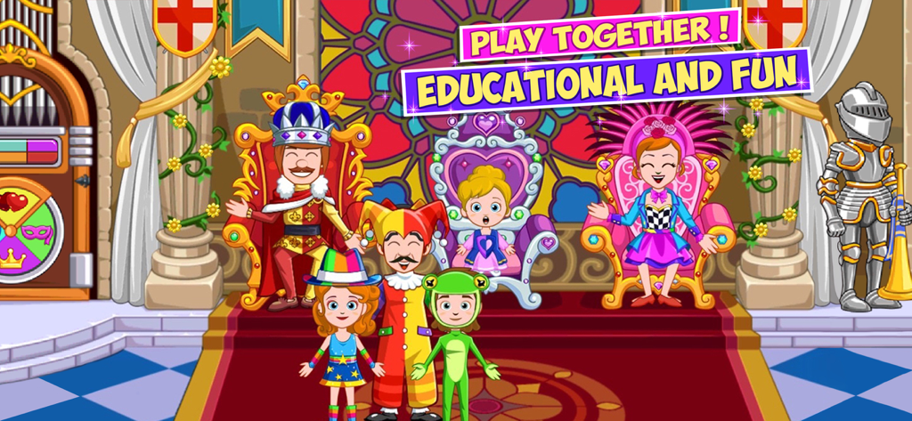 Um grupo de personagens reais e crianças fantasiadas dentro de uma casa de bonecas digital de castelo