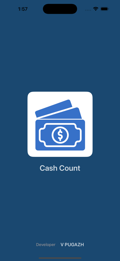 Cash Count –  Cash Calculator - 흰색 상자 안에 파란색 지폐가 있는 현금 계산기 앱의 스플래시 화면, 단색 파란색 배경 위에 있습니다.