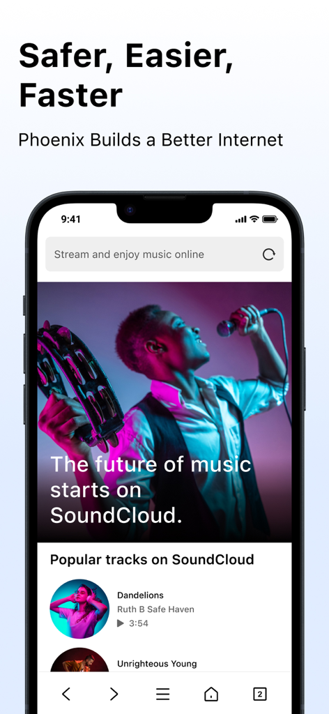 Phoenix - Fast & Safe Browser - Phoenixブラウザアプリのインターフェース。SoundCloudで音楽をストリーミングしており、「より安全、より簡単、より高速」というタグラインが表示されています。
