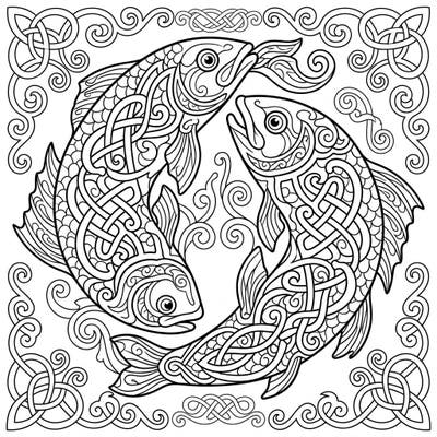 Discover the captivating beauty of this Celtic Fish Knots coloring page, featuring two intricately designed fish interwoven with classic Celtic patterns. This complex design offers a perfect escape for adults seeking mindfulness and creative expression.