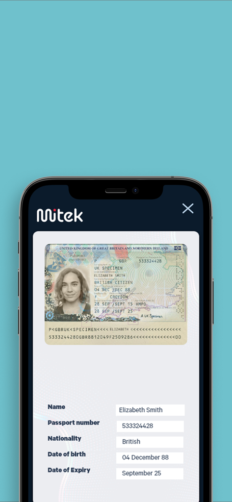 Mitek - Smartphone screen of the Mitek app displaying a scanned passport and extracted personal data for identity verification