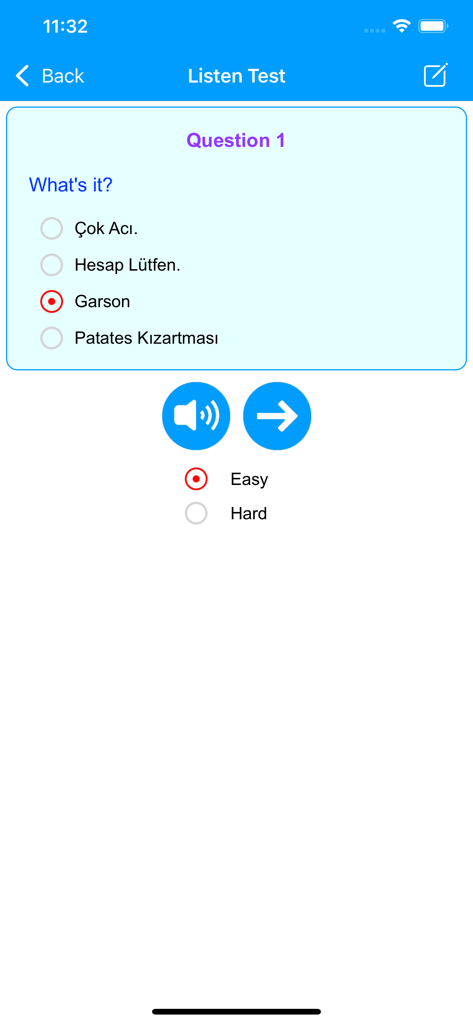 Turkish language learning app interface showing a multiple choice listening test quiz.