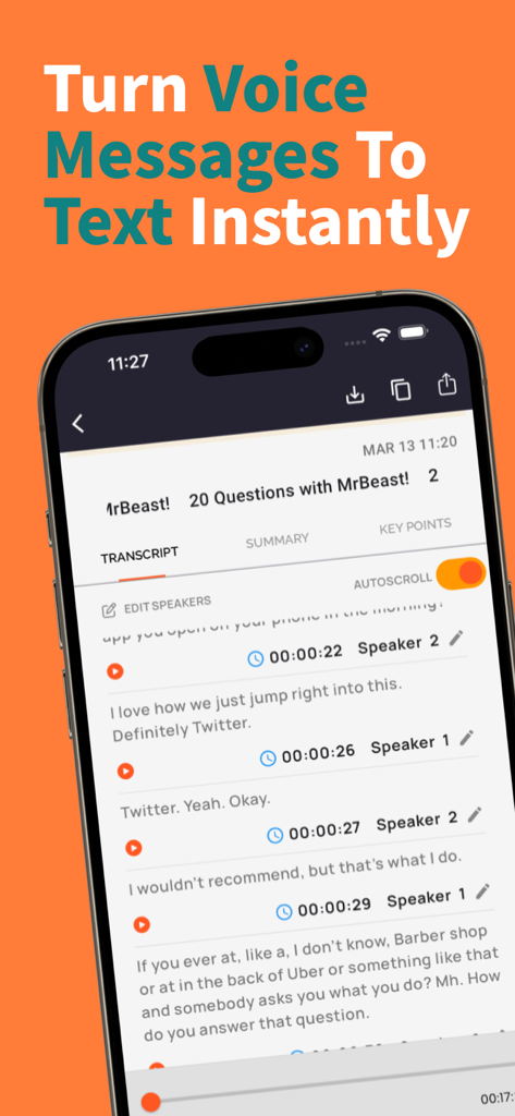 音声認識アプリのインターフェース。話し手の識別とタイムスタンプが付いたインタビューのAI文字起こしが表示されています
