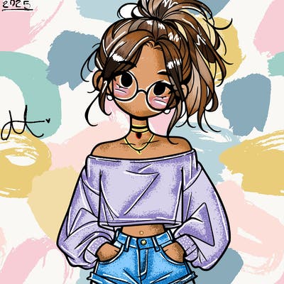 girl with a messy ponytail glasses a baggy crop top and jean shorts