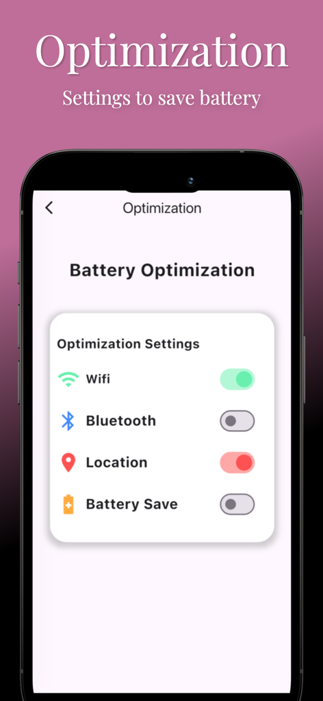 AccuBattery - Battery Info - Pantalla de la aplicación AccuBattery que muestra la configuración de optimización de la batería con interruptores para wifi, bluetooth y ubicación