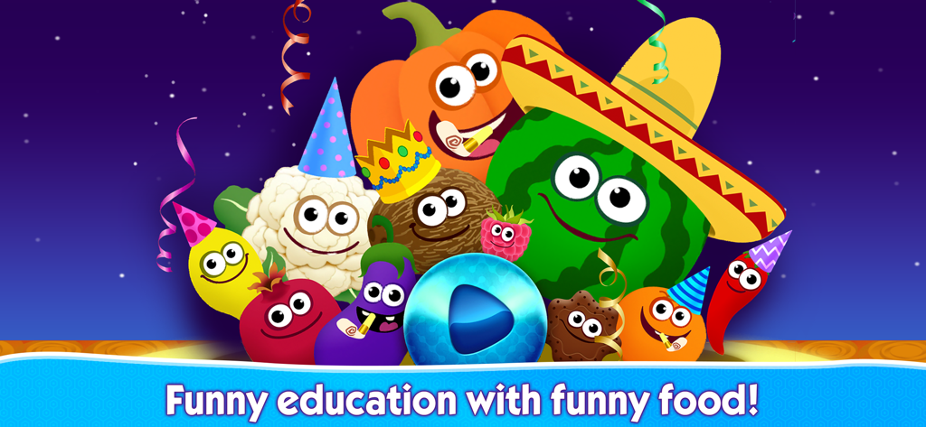 Funny Food 2知育アプリの起動画面に、パーティーハットをかぶったカラフルなアニメーションフードキャラクターたち。
