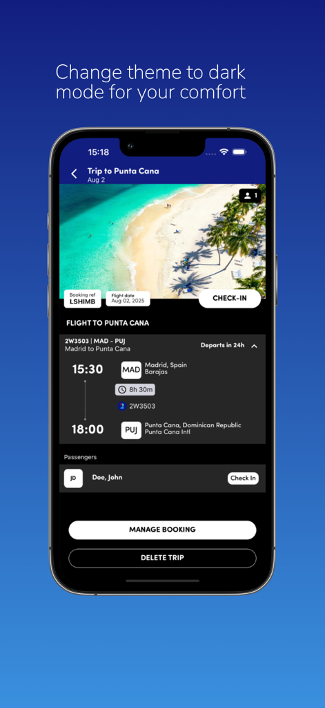 Pantalla de detalles del viaje de la aplicación World2Fly en modo oscuro.