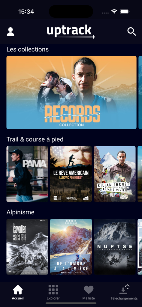 Uptrack - Mobile interface of the Uptrack app showing outdoor sports video collections and documentaries.