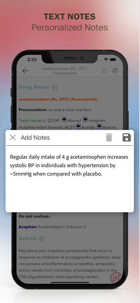 Screenshot of the personalized text notes feature in the Mosbys Nursing Drug Reference mobile app showing clinical notes on a drug entry.