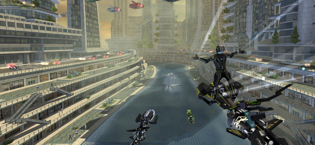 Riptide GP: Renegade - Un piloto de hidrorreactor realizando una acrobacia acrobática en el aire en un entorno urbano futurista