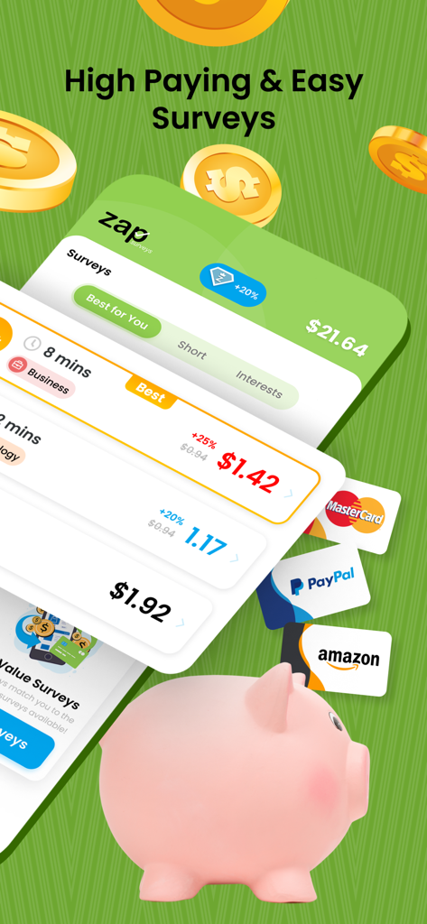 Zap Surveys - Earn Easy Money - Interface of Zap Surveys app with survey earnings and gift card reward options