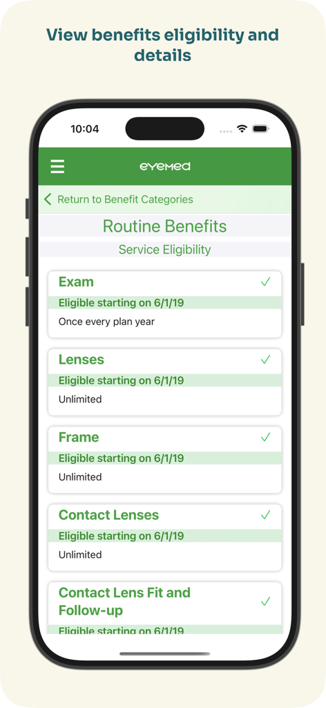 EyeMed - EyeMed mobile app screen showing routine benefits and service eligibility for exams lenses and frames
