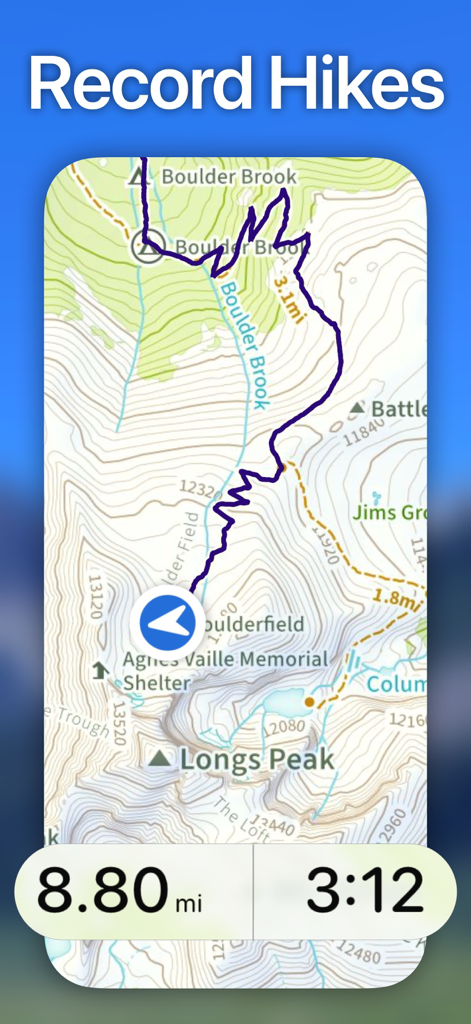 Topo Maps+ - Mobile app screenshot showing a recorded hike path on a topographic map with distance and time statistics.