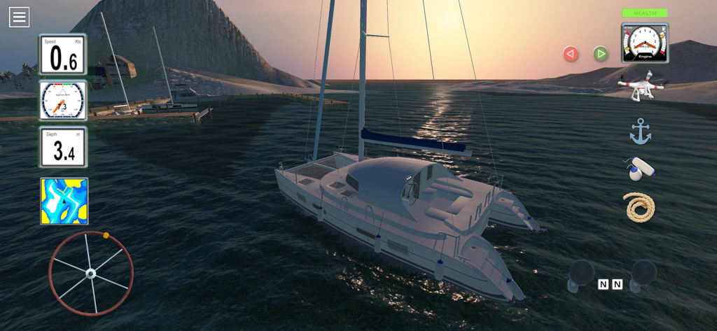 Dock your Boat 3D - A 3D catamaran yacht docking simulation showing technical nautical instruments and steering controls at sunset