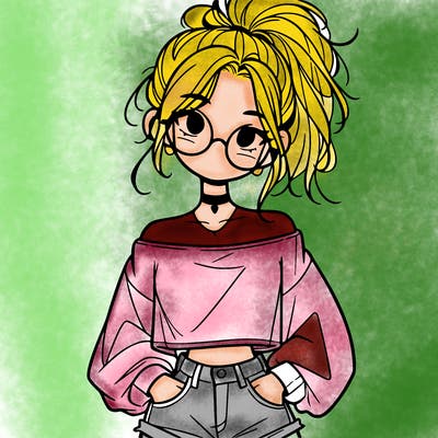 girl with a messy ponytail glasses a baggy crop top and jean shorts