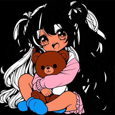 manga girl, long curly hair, happy, cuddling a teddy bear