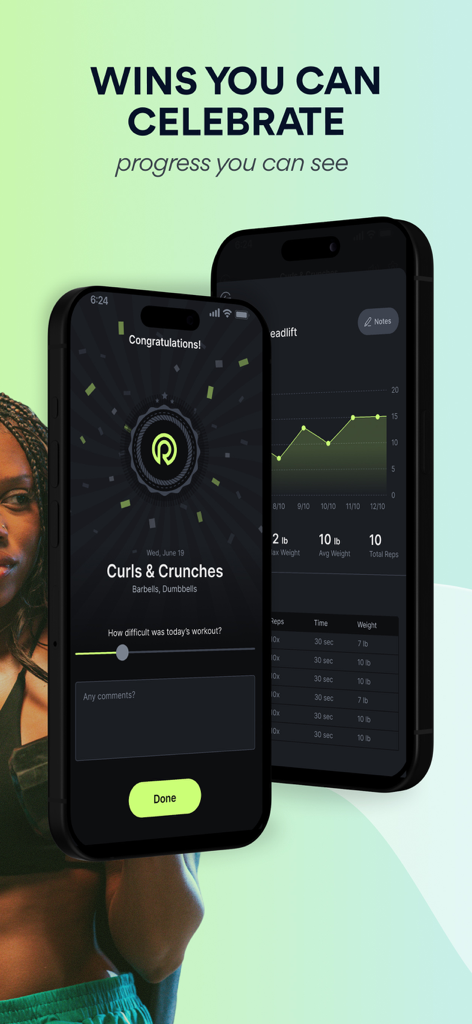 Avida: 1-on-1 Fitness Coach - Interface do aplicativo Avida mostrando celebração de conclusão de treino e gráfico de progresso de levantamento de peso.