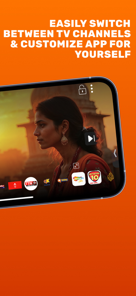 A smartphone screen showing the TV One app interface with various Indian TV channel icons for easy switching while watching a video