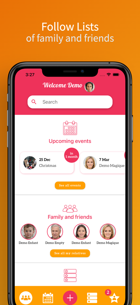 La pantalla de inicio de la aplicación Oh My Wish que muestra próximos eventos de regalos y listas de deseos familiares.