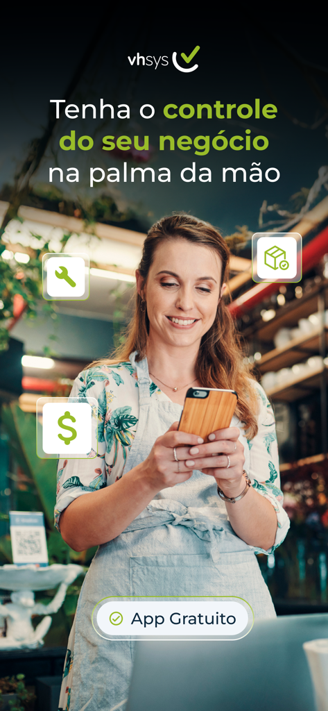 Small business owner using VHSYS app to manage sales inventory and finance on her phone