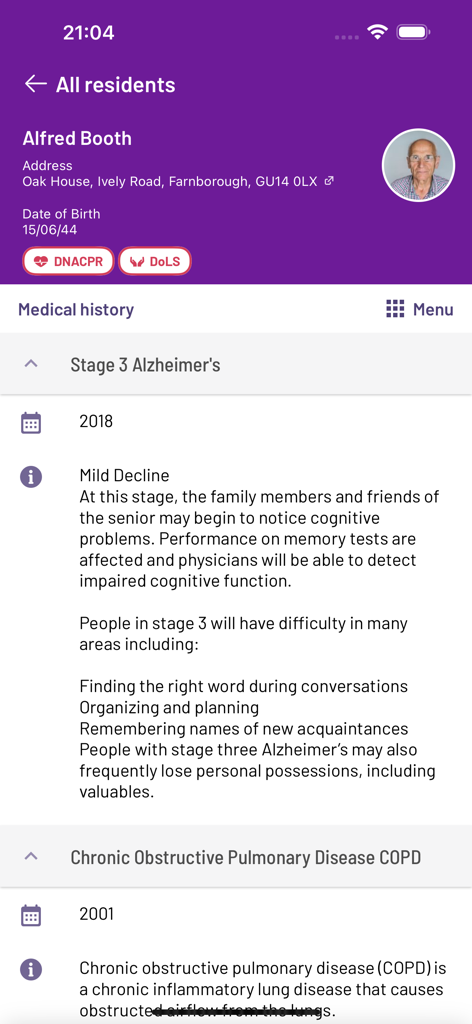 Profilo di storia medica digitale di un residente nell'applicazione di assistenza clinica PASSforcare