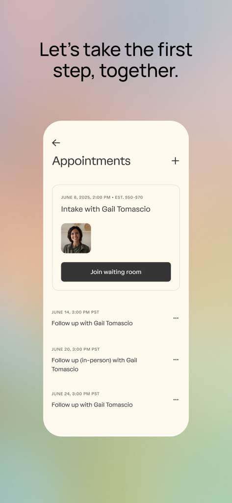 Grow Therapy 앱 인터페이스, 예정된 약속 목록 및 원격 진료 세션 참여 버튼 표시