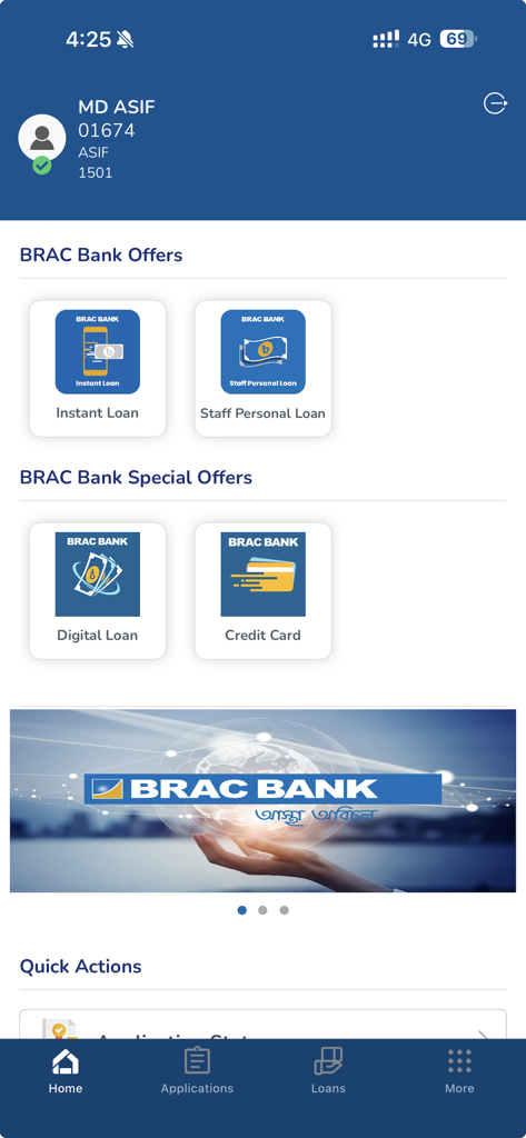 BBL Shubidha - BBL Shubidha mobile app dashboard showing BRAC Bank loan and credit card offers