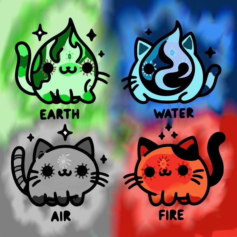 4 cats that represent the different elements, earth, water, air, and fire