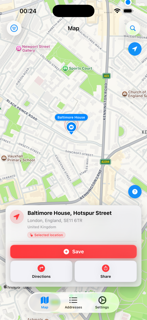 Address Finder & My Location - Interface of the Address Finder app showing a map with a pinpointed address and navigation buttons.