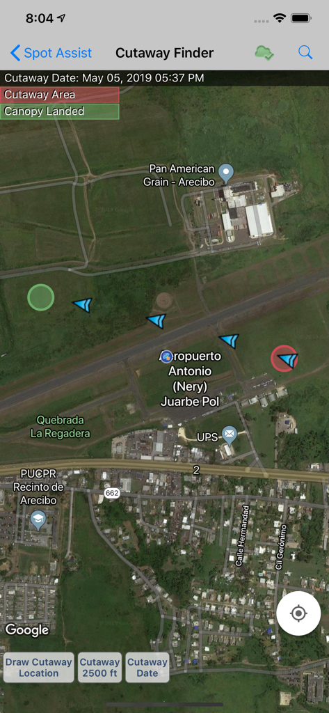 Spot Assist Skydiving Tool - Spot Assist app interface showing the Cutaway Finder feature on a satellite map with canopy landing markers.