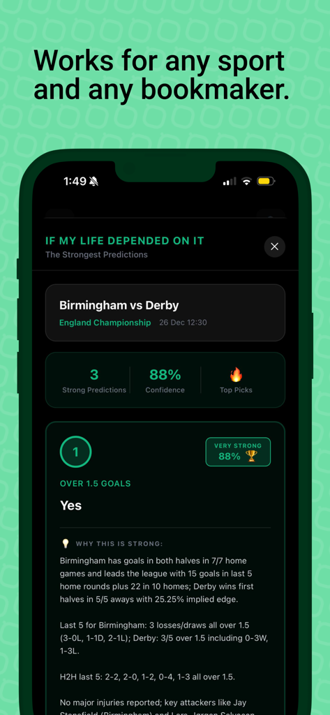 betsAI: AI Sports Prediction - Mobile interface showing a betsAI football match analysis with 88 percent confidence for over 1.5 goals
