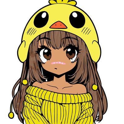 anime girl with chick shaped hat with sweater with bare shoulders with bangs covering them one eye with low tail