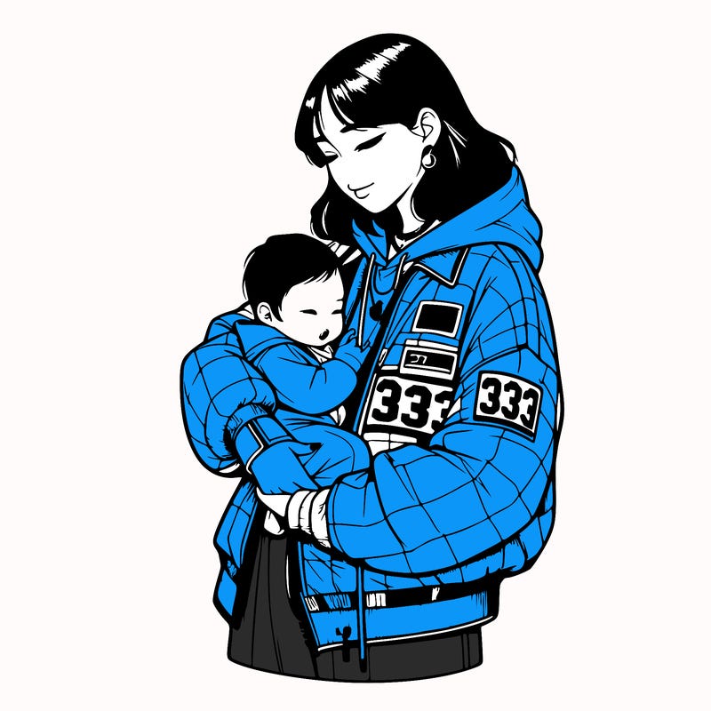 realistic asian girl wearing a a matching jacket and pants with the jacket having the number 333 and holding a asian baby
