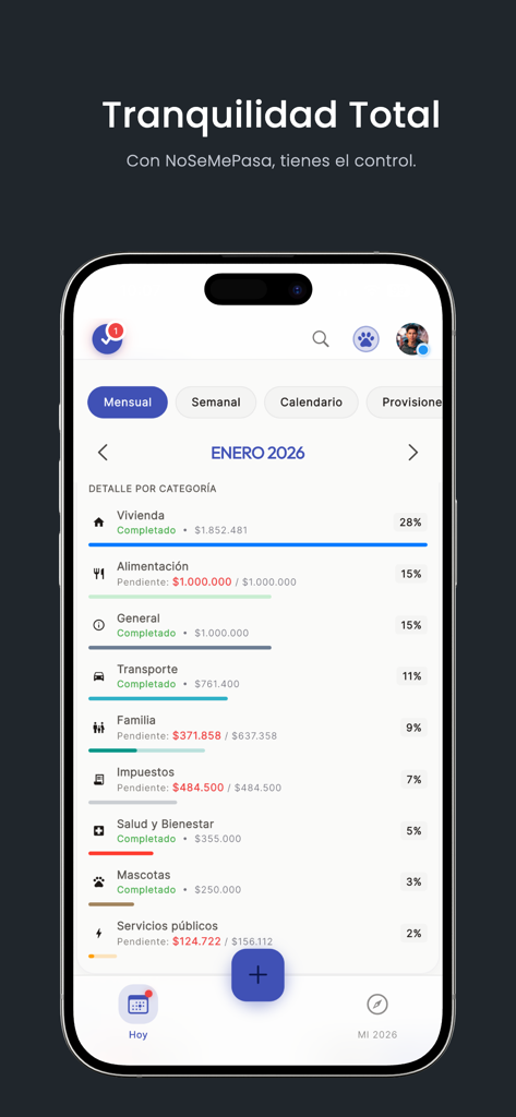 NoSeMePasa: Planeador de Pagos - NoSeMePasa App-Oberfläche zeigt eine monatliche Zusammenfassung von Ausgabenkategorien und Zahlungsfortschritten