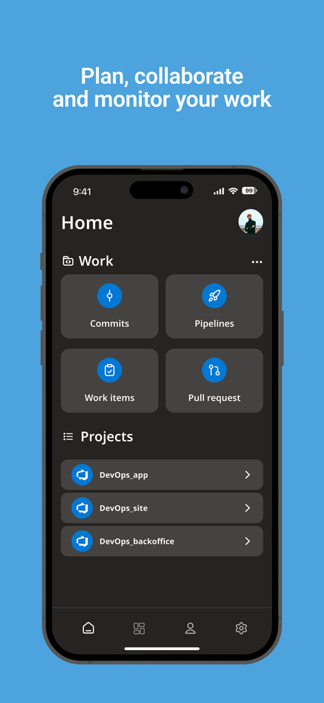 Az DevOps - Home screen of the Az DevOps mobile app on an iPhone showing work items pipelines and project sections