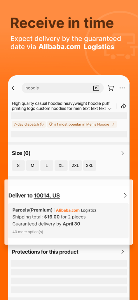 Interface de l'application Alibaba.com affichant les détails d'expédition et la date de livraison garantie pour une commande de produit personnalisé.