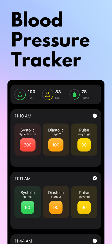 Blood Pressure Tracker° - Interfaz de la aplicación móvil Rastreador de Presión Arterial mostrando registros de presión sistólica, diastólica y pulso en modo oscuro