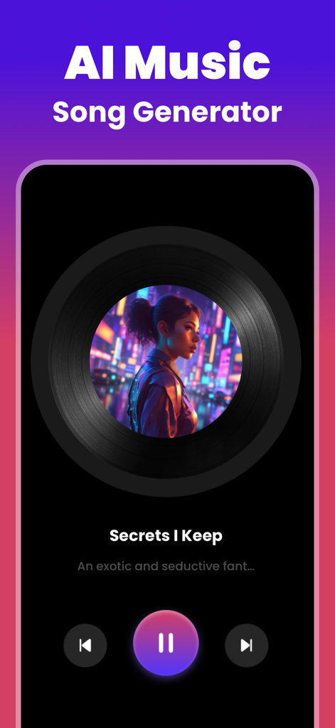 AI Song Writer 2.0 - Mobile app interface of AI Song Writer 2.0 showing a music player with a vinyl record visual for a generated song