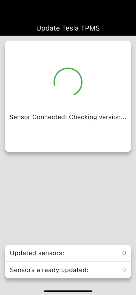 Update TPMS - Mobile app screen showing a connected Tesla TPMS sensor and a checking version progress bar.