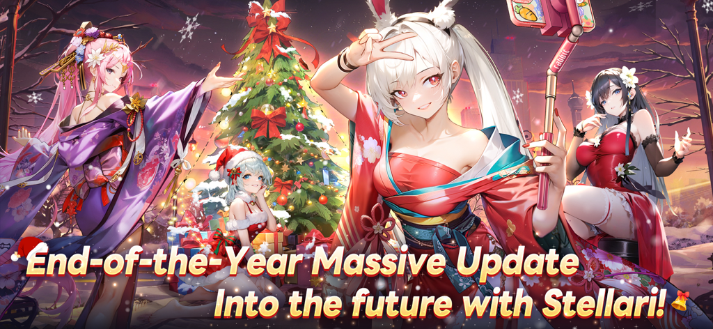 Apex Girls - Quatre personnages d'anime d'Apex Girls en tenues festives célébrant la mise à jour de fin d'année près d'un sapin de Noël.