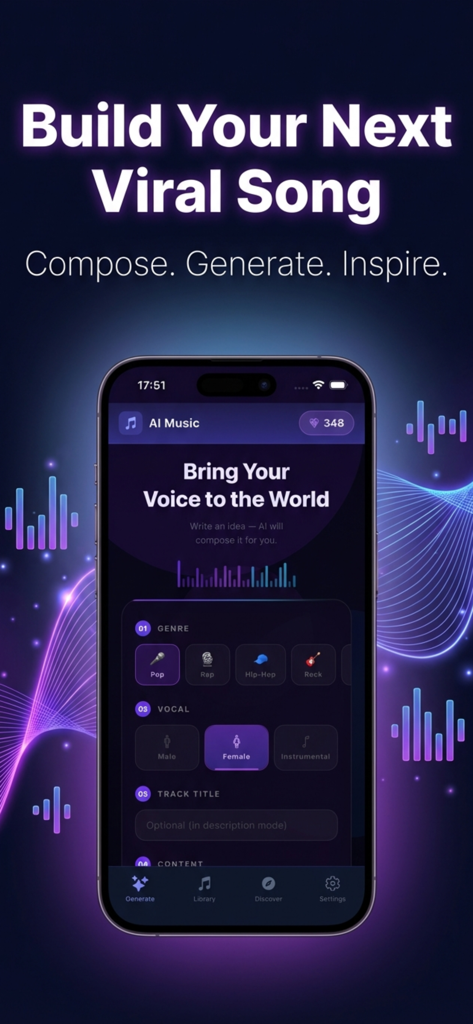 AI Music Create - Interfaz de la aplicación Creación de Música con IA para generar canciones virales con opciones de selección de género y voz