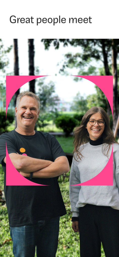 Ring Twice - A man and a woman smiling together in a garden under the heading Great people meet