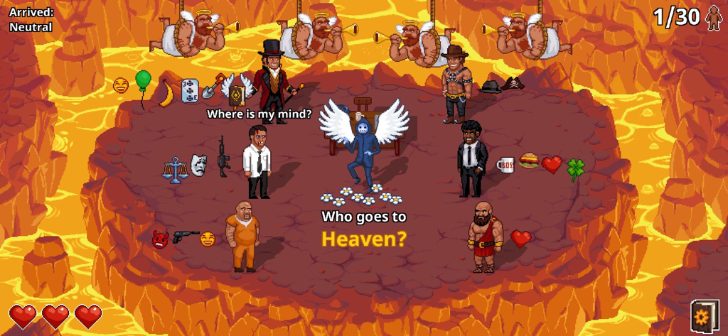 Peace, Death! 2 - Peace Death 2의 픽셀 아트 게임플레이로, 사신이 용암으로 가득 찬 지하 세계 환경에서 영혼을 분류하는 모습