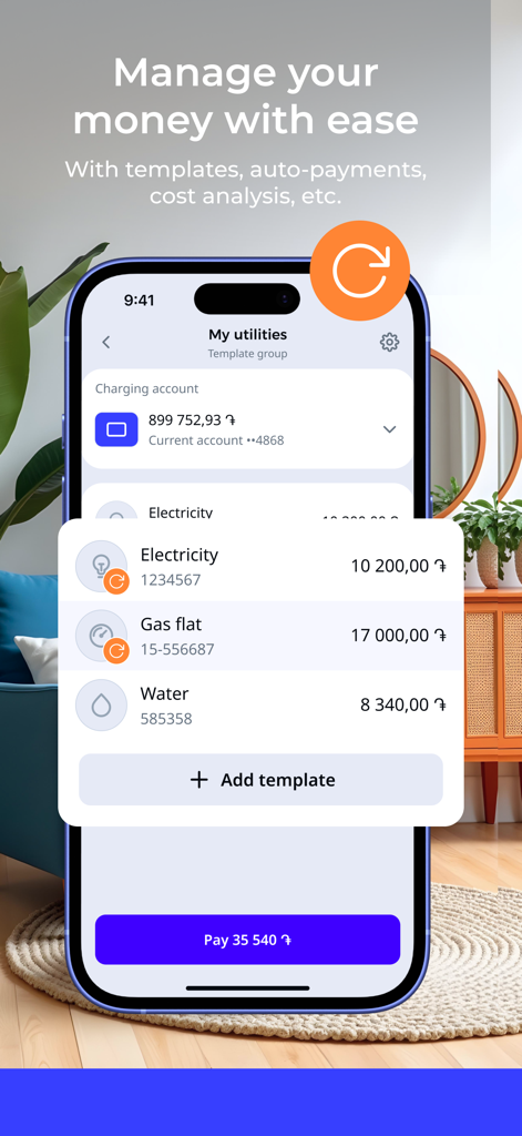 Converse Mobile - Converse Mobile app screen showing utility bill management and payment templates for electricity gas and water in Armenian Dram