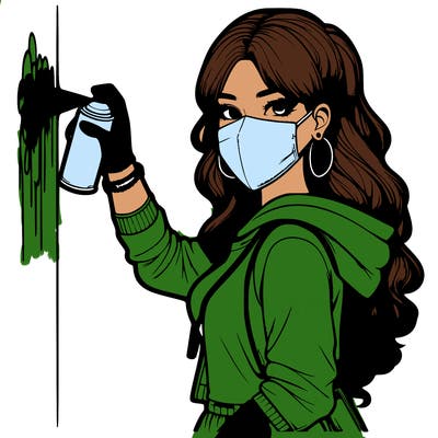 realistic girl with mask spray painting a wall