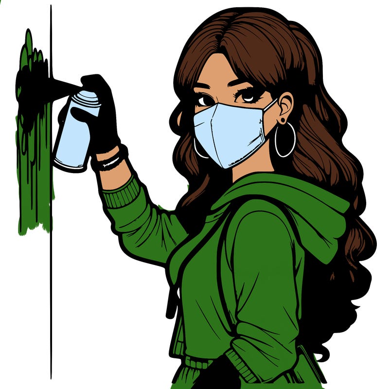 realistic girl with mask spray painting a wall